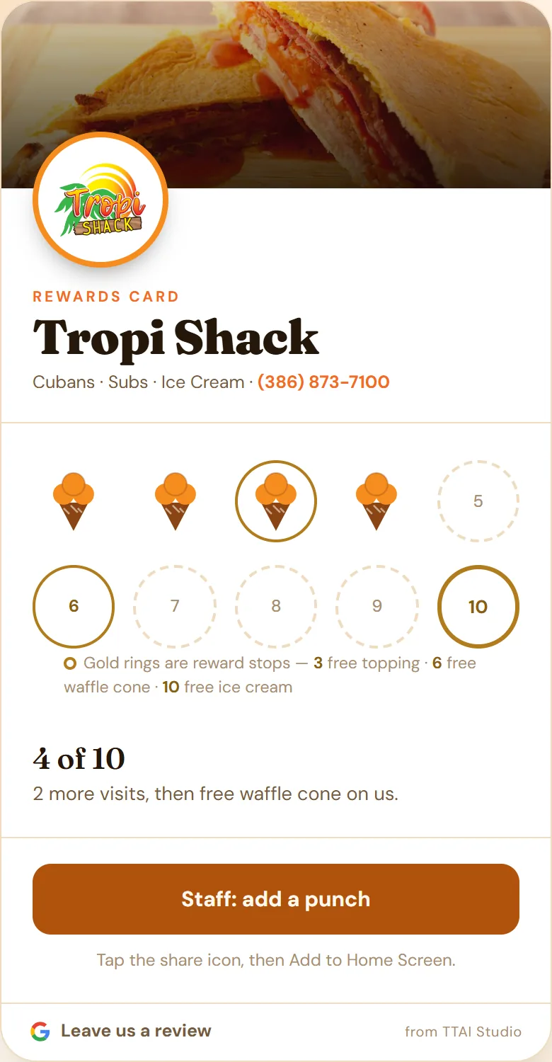 Tropi Shack digital rewards card showing four of 10 visits